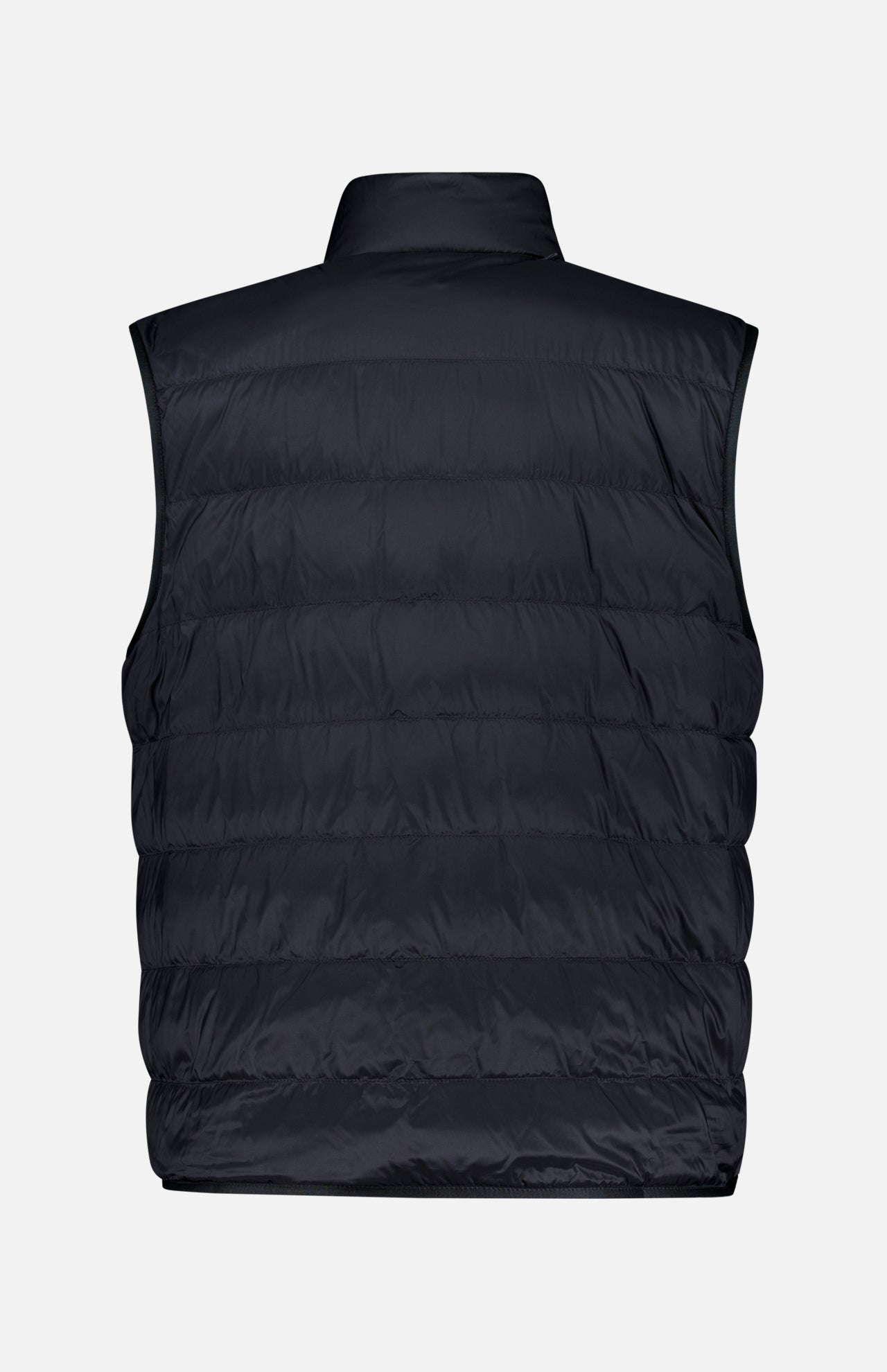 The MONCLER Fleeced Chest Pocket Vest is shown from the back against a white background, featuring horizontal stitching and a high collar—a classic cold-weather staple reminiscent of iconic Moncler outerwear.