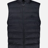 A black, sleeveless Fleeced Chest Pocket Vest by MONCLER—an essential cold-weather staple—features a quilted design, front zipper, high collar, and a subtle logo on the left chest. Displayed against a plain white background, this piece reflects the premium style synonymous with Moncler outerwear.