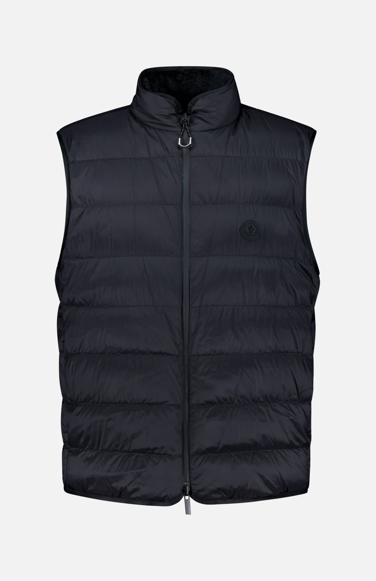 A black, sleeveless Fleeced Chest Pocket Vest by MONCLER—an essential cold-weather staple—features a quilted design, front zipper, high collar, and a subtle logo on the left chest. Displayed against a plain white background, this piece reflects the premium style synonymous with Moncler outerwear.