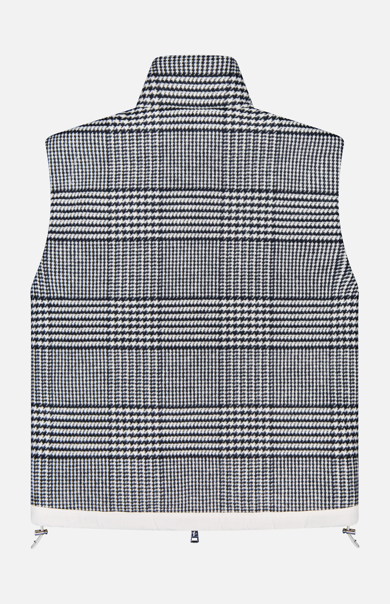 The MONCLER Gienah Houndstooth Reversible Vest is a sleeveless wool-blend piece with a high collar, featuring black, white, and blue plaid details. Shown laid flat with the back facing up.