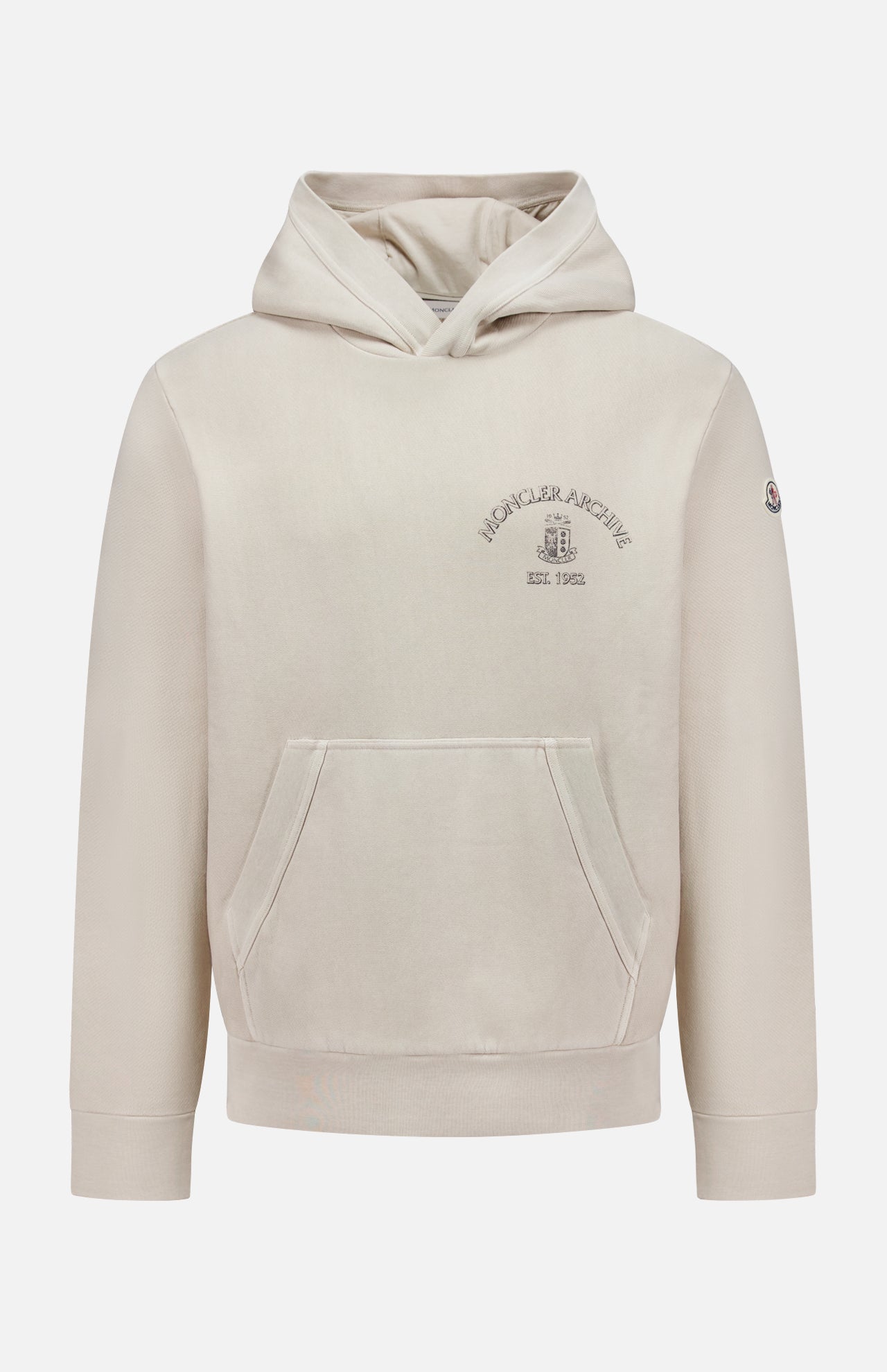 The MONCLER Hoodie Logo Sweatshirt is a beige pullover with a hood, front pocket, Archive text and emblem on the chest, and signature logo patch detailing on the left sleeve.