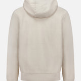 The MONCLER Hoodie Logo Sweatshirt is shown from the back in beige, featuring long sleeves, ribbed cuffs, and a plain design without visible logo or patterns.