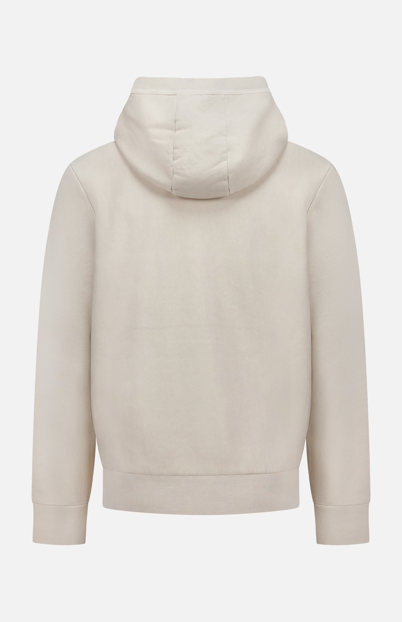 The MONCLER Hoodie Logo Sweatshirt is shown from the back in beige, featuring long sleeves, ribbed cuffs, and a plain design without visible logo or patterns.