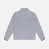 A MONCLER Knit Zip Up Overshirt in light gray is laid flat against a white background, shown from the back with no visible logos or details—ideal as transitional outerwear.