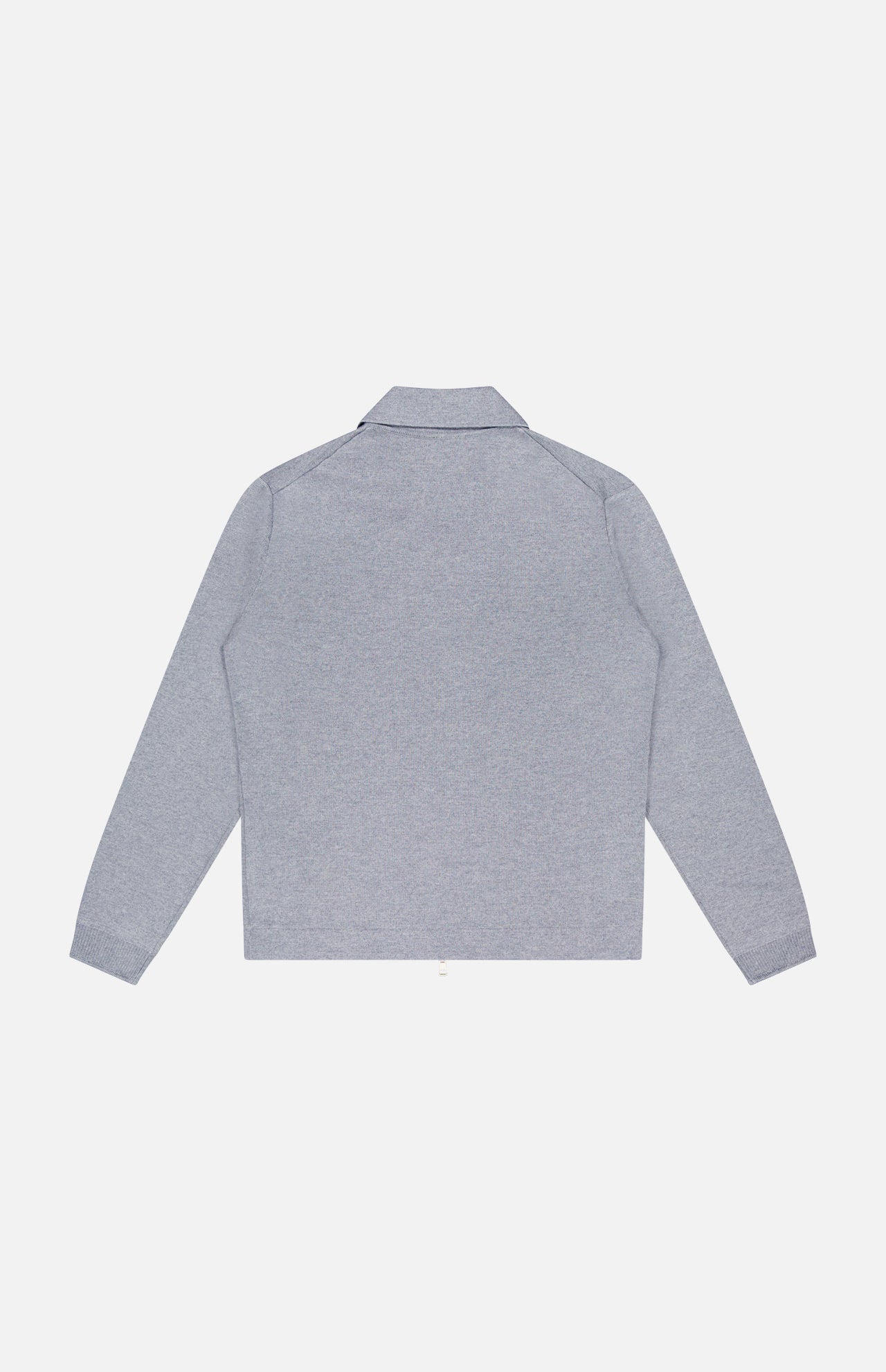 A MONCLER Knit Zip Up Overshirt in light gray is laid flat against a white background, shown from the back with no visible logos or details—ideal as transitional outerwear.