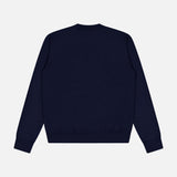 The MONCLER Long Sleeve Crewneck T-Shirt is shown from the back in plain navy, featuring ribbed cuffs and hem, set against a white background.