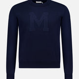 This MONCLER Long Sleeve Crewneck T-Shirt for men is navy with a large textured "M" on the front, shown against a plain white background.