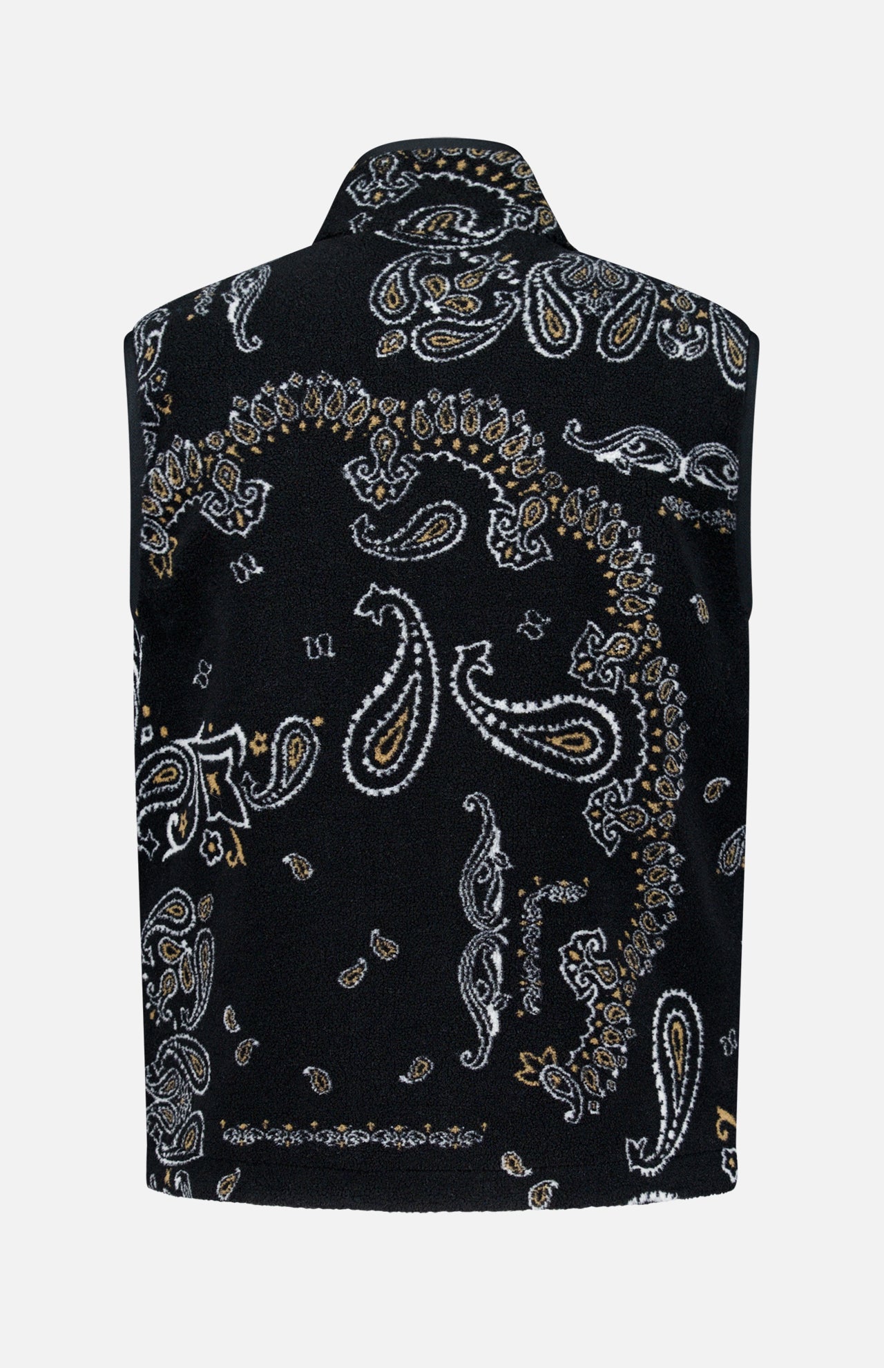 The MONCLER Reversible Paisley Fleece Vest is a black sleeveless piece with a high collar, showcasing a striking white and gold paisley bandana print across the back. Inspired by the iconic Moncler padded vest style, it offers both warmth and standout style.