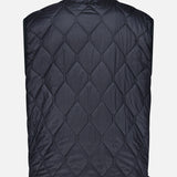Back view of the MONCLER Reversible Paisley Fleece Vest in black, featuring a diamond-quilted pattern, high collar, and adjustable drawstrings at the hem. This versatile vest is reversible, making it easy to switch up your style.