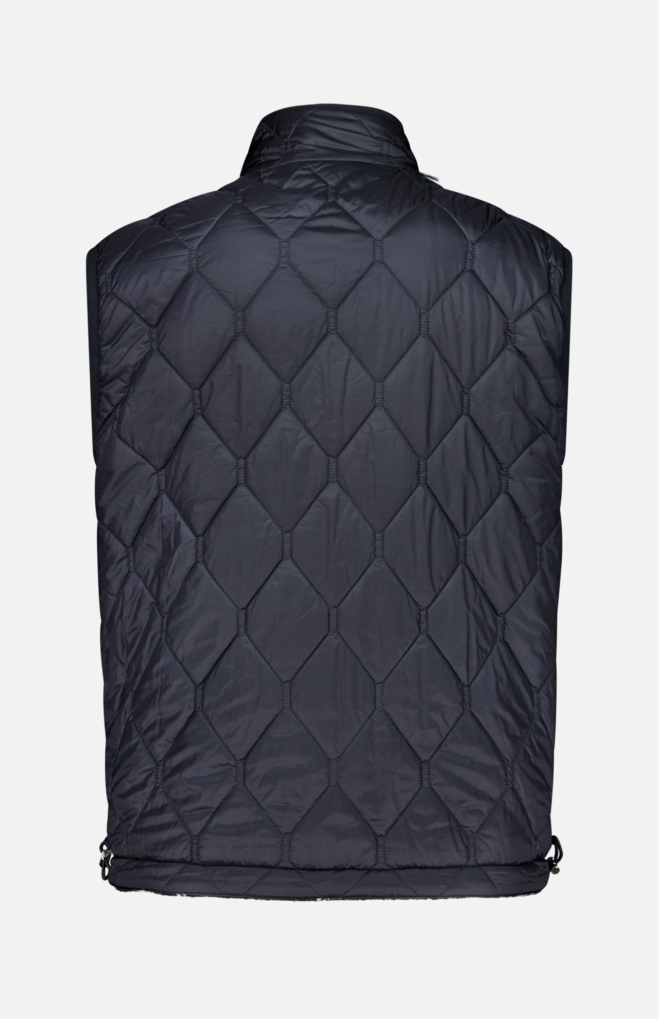 Back view of the MONCLER Reversible Paisley Fleece Vest in black, featuring a diamond-quilted pattern, high collar, and adjustable drawstrings at the hem. This versatile vest is reversible, making it easy to switch up your style.