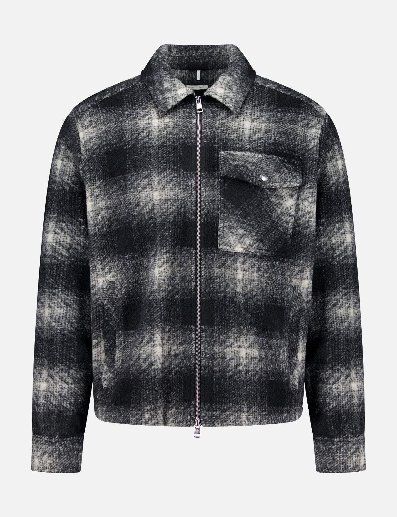 MONCLER Plaid Two-way Zip Overshirt for men, featuring a black and white plaid pattern, a collared neckline, and a single chest pocket, displayed against a plain white background.