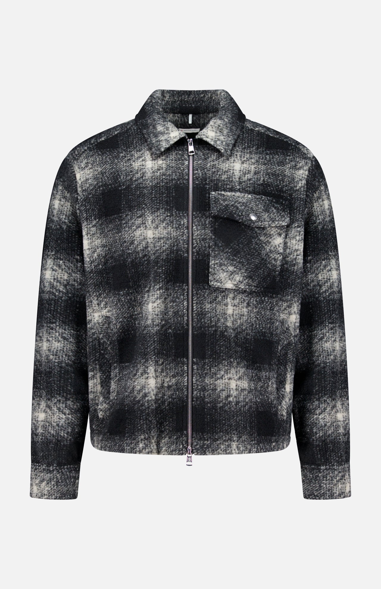 MONCLER Plaid Two-way Zip Overshirt for men, featuring a black and white plaid pattern, a collared neckline, and a single chest pocket, displayed against a plain white background.