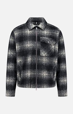 MONCLER Plaid Two-way Zip Overshirt for men, featuring a black and white plaid pattern, a collared neckline, and a single chest pocket, displayed against a plain white background.