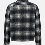 Back view of the MONCLER Plaid Two-way Zip Overshirt featuring long sleeves and a collar, displayed against a plain white background—this versatile black and white plaid piece is ideal as statement outerwear or an easy men’s casual jacket for effortless layering.