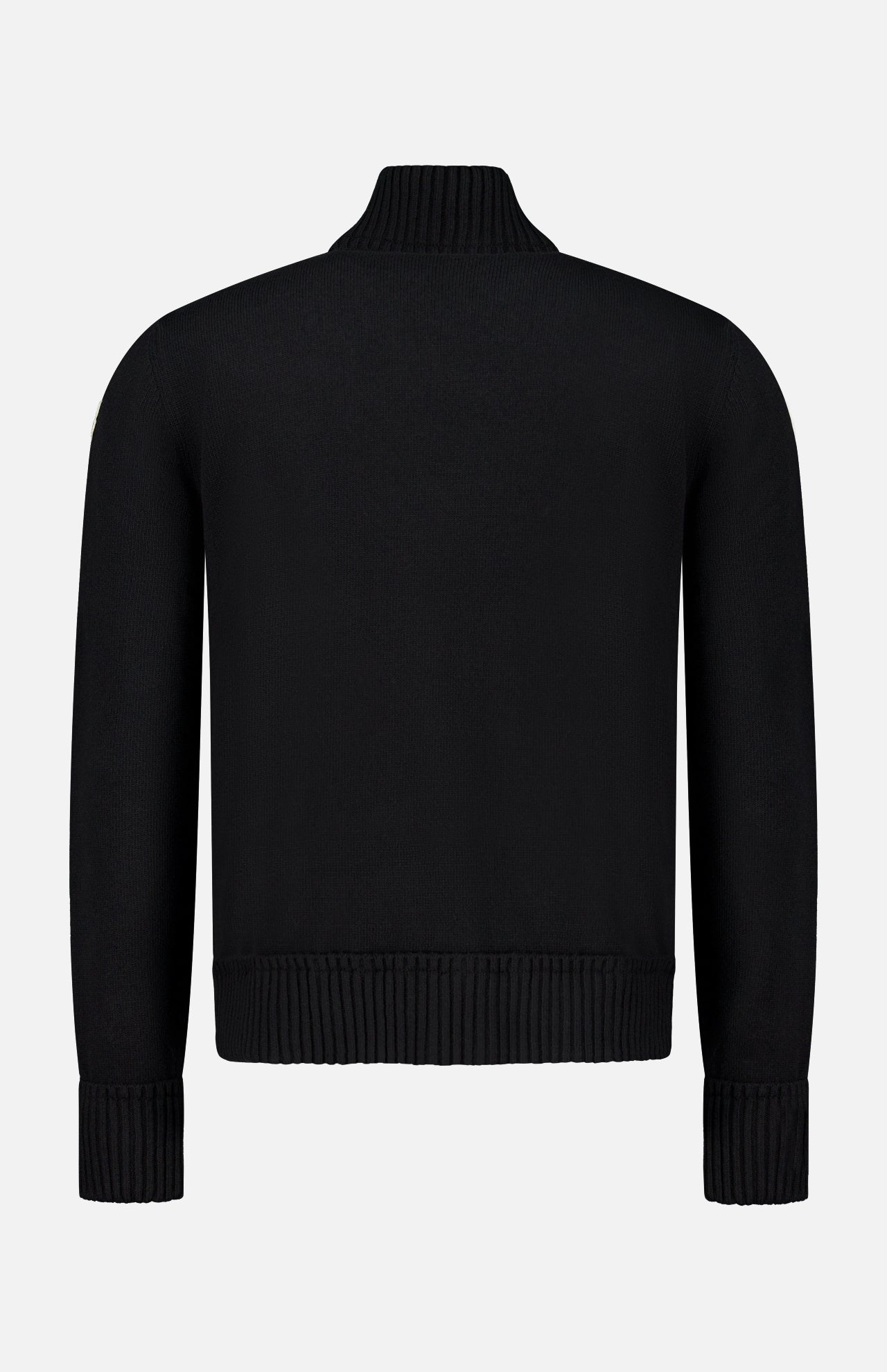 Black long-sleeve Moncler Puffer Zipped Up Jacket featuring a diamond quilted pattern, a mock neck, ribbed cuffs, and a ribbed hem.