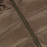 Close-up of the MONCLER Ravenlock Removable Hood Puffer Jacket in brown, crafted from lightweight nylon with visible horizontal quilting and a partially unzipped diagonal zipper.