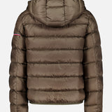 The Ravenlock Removable Hood Puffer Jacket by MONCLER, shown from the back in brown, is crafted from lightweight nylon and features horizontal quilted sections along with a small stripe detail on the upper left sleeve.