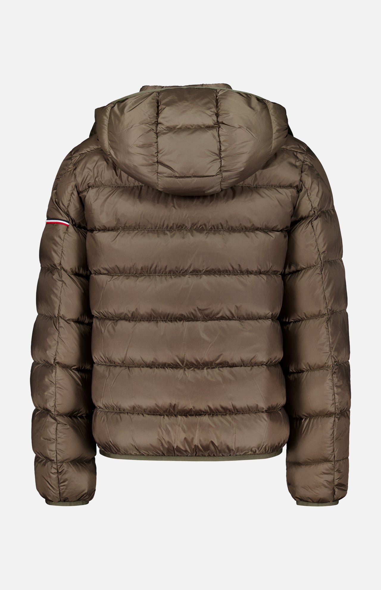 The Ravenlock Removable Hood Puffer Jacket by MONCLER, shown from the back in brown, is crafted from lightweight nylon and features horizontal quilted sections along with a small stripe detail on the upper left sleeve.