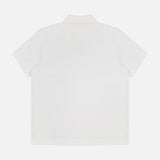 Back view of a plain white MONCLER Short Sleeve Cotton Polo Shirt with collar, laid flat on a white background—a versatile designer piece for elegant style.