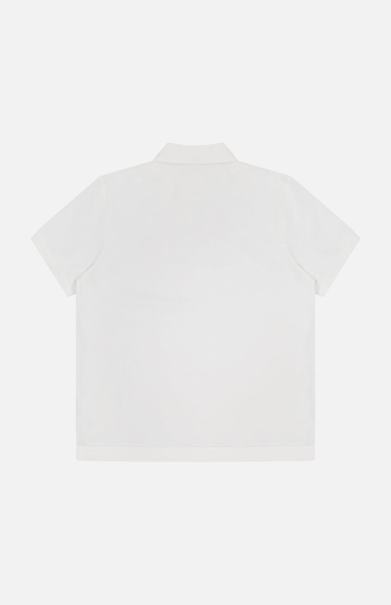 Back view of a plain white MONCLER Short Sleeve Cotton Polo Shirt with collar, laid flat on a white background—a versatile designer piece for elegant style.