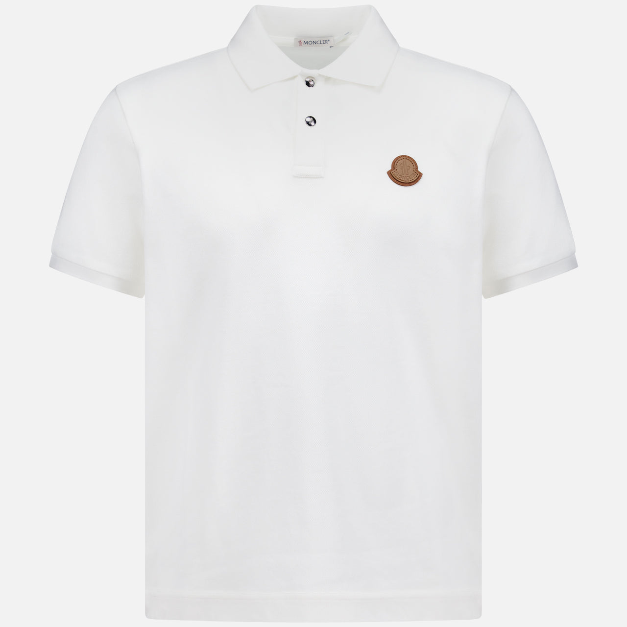 A MONCLER Short Sleeve Cotton Polo Shirt in plain white, featuring a collar, two buttons, and a small brown circular logo on the left chest.