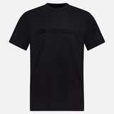 The MONCLER Short Sleeve Logo T-Shirt is a plain black tee with a 3D embossed MONCLER logo across the chest, shown on a white background—a stylish choice from the designer brand.