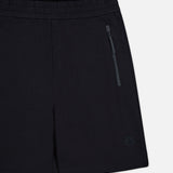 MONCLER Zip Pocket Drawstring Shorts in black double face cotton feature an elastic waistband, a zippered side pocket, and a small logo on the lower left leg, shown on a plain white background.