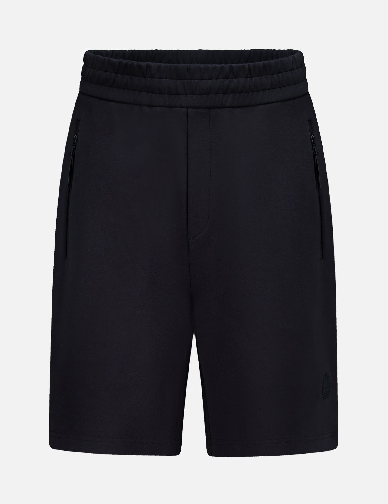 MONCLER Zip Pocket Drawstring Shorts in black, made from double-face cotton with an elastic waistband and zippered side pockets, shown on a plain white background.