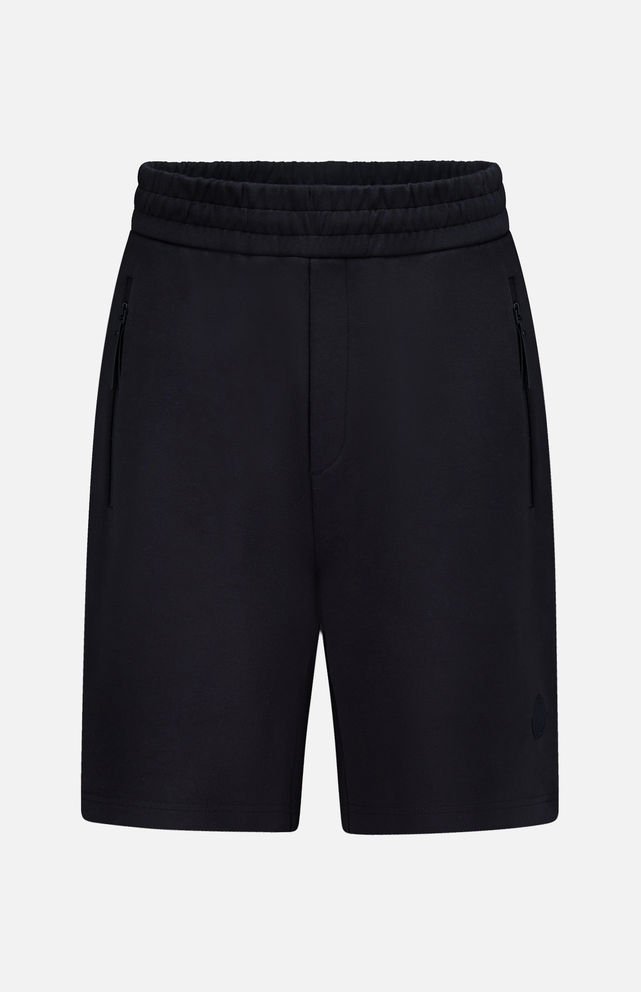 MONCLER Zip Pocket Drawstring Shorts in black, made from double-face cotton with an elastic waistband and zippered side pockets, shown on a plain white background.