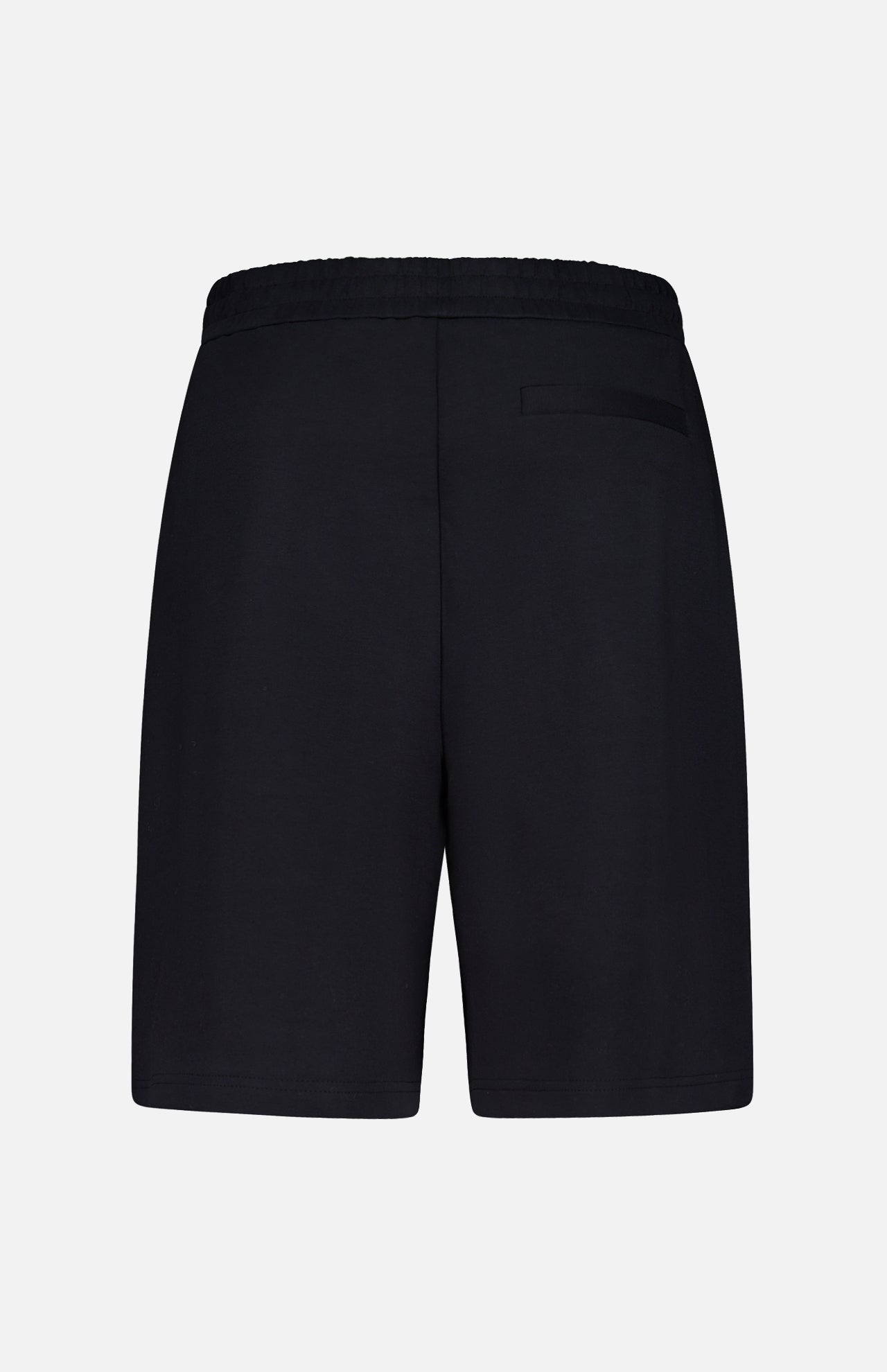 Back view of MONCLER Zip Pocket Drawstring Shorts in plain black, featuring an elastic waistband and right-side zip back pocket, crafted from double face cotton, shown against a white background.