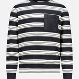 Introducing the MONCLER Striped Long Sleeve T-Shirt—a stylish designer piece showcasing classic black and white horizontal stripes, a comfortable round neck, and a solid black chest pocket on the left side. Perfect for adding elevated flair to your everyday outerwear collection.