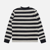 The MONCLER Striped Long Sleeve T-Shirt is displayed flat, back facing up, on a white background—ideal for those who value designer outerwear with a timeless black and white horizontal stripe pattern.
