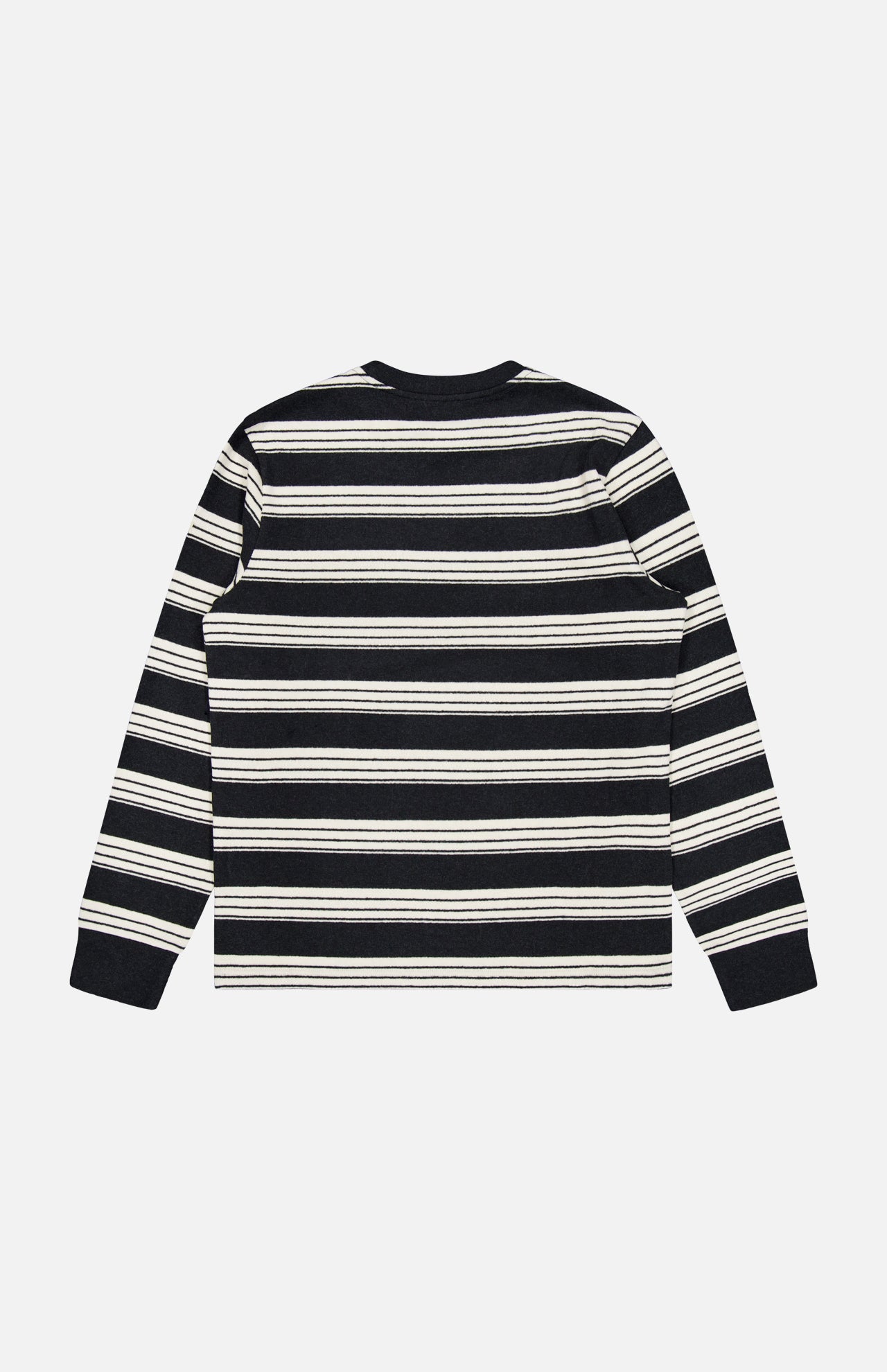 The MONCLER Striped Long Sleeve T-Shirt is displayed flat, back facing up, on a white background—ideal for those who value designer outerwear with a timeless black and white horizontal stripe pattern.