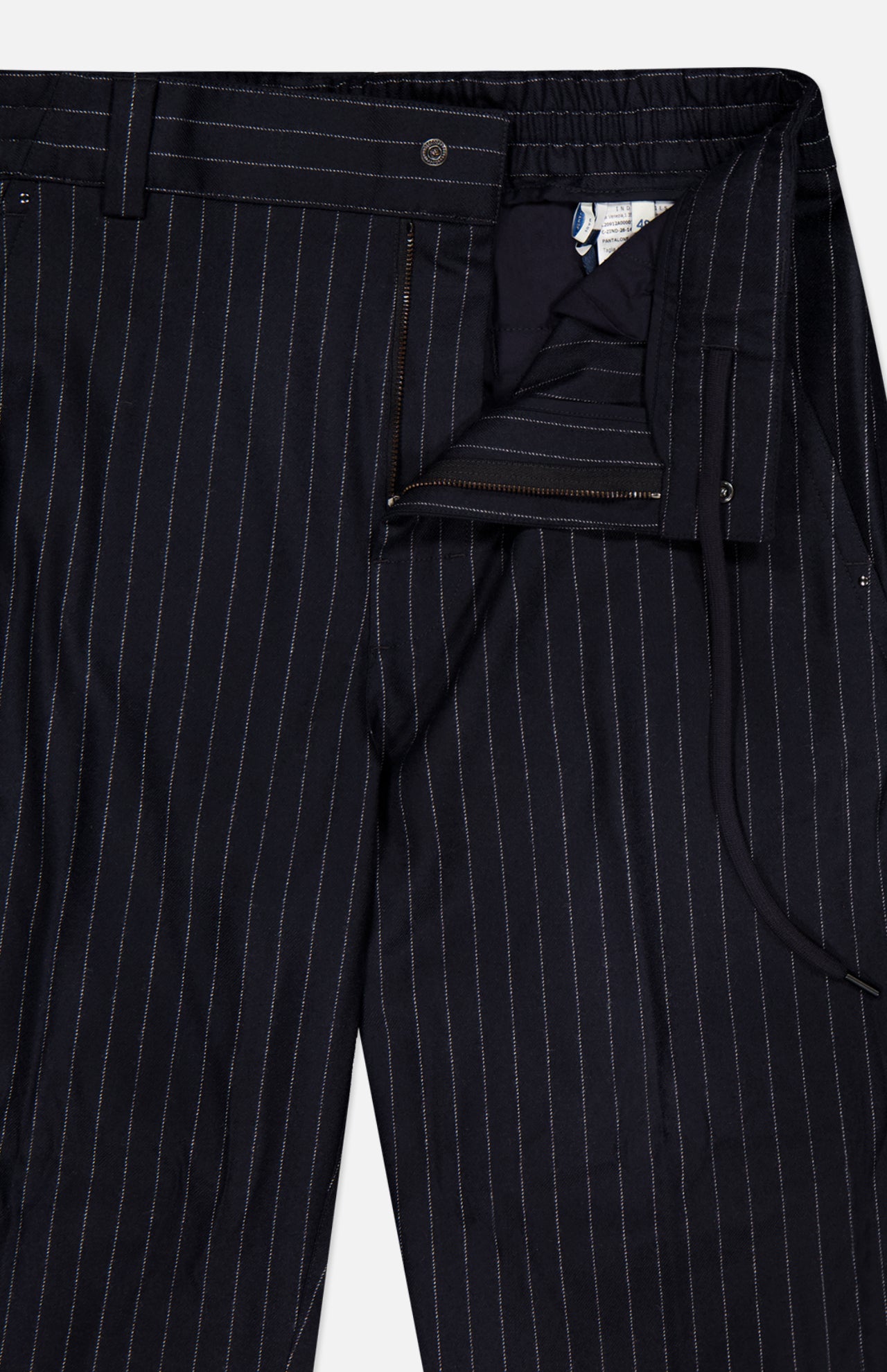 MONCLER Striped Drawstring Trousers in navy blue feature belt loops, a drawstring waist for comfort, a partially open zipper and button fly, plus visible waistband and inner tag. Crafted from wool with a pinstripe pattern.