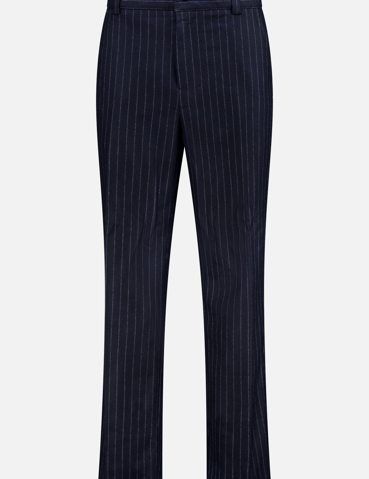 The MONCLER Striped Drawstring Trousers feature dark navy blue fabric with vertical white stripes and a straight-leg fit, displayed on a plain white background.