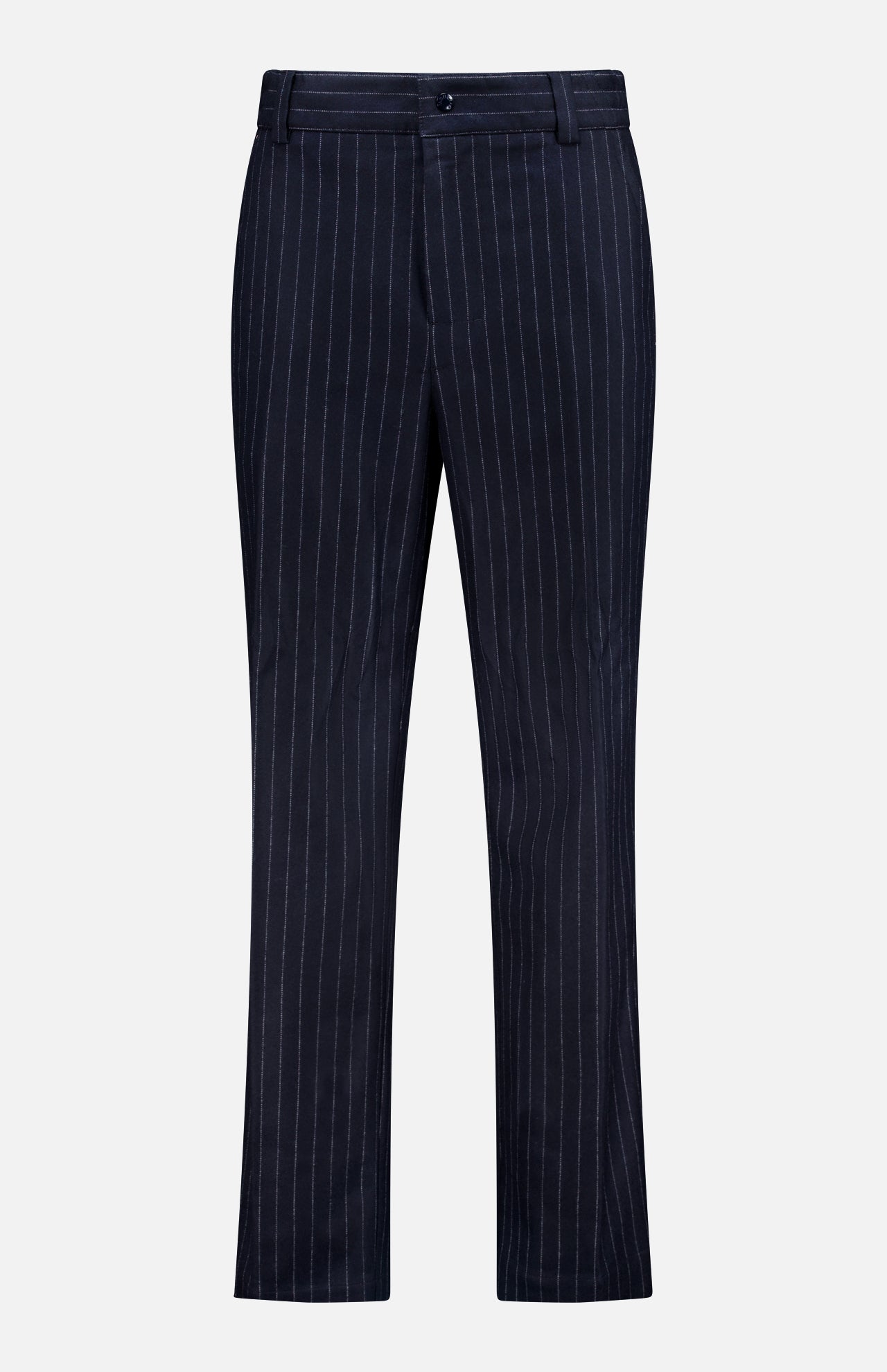 The MONCLER Striped Drawstring Trousers feature dark navy blue fabric with vertical white stripes and a straight-leg fit, displayed on a plain white background.