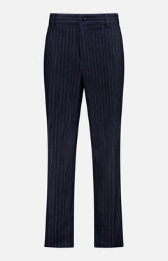 The MONCLER Striped Drawstring Trousers feature dark navy blue fabric with vertical white stripes and a straight-leg fit, displayed on a plain white background.