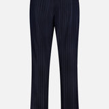 Back view of MONCLER Striped Drawstring Trousers in navy blue featuring two back welt pockets, a small circular logo patch on the waistband, and a straight-leg cut for a classic look.