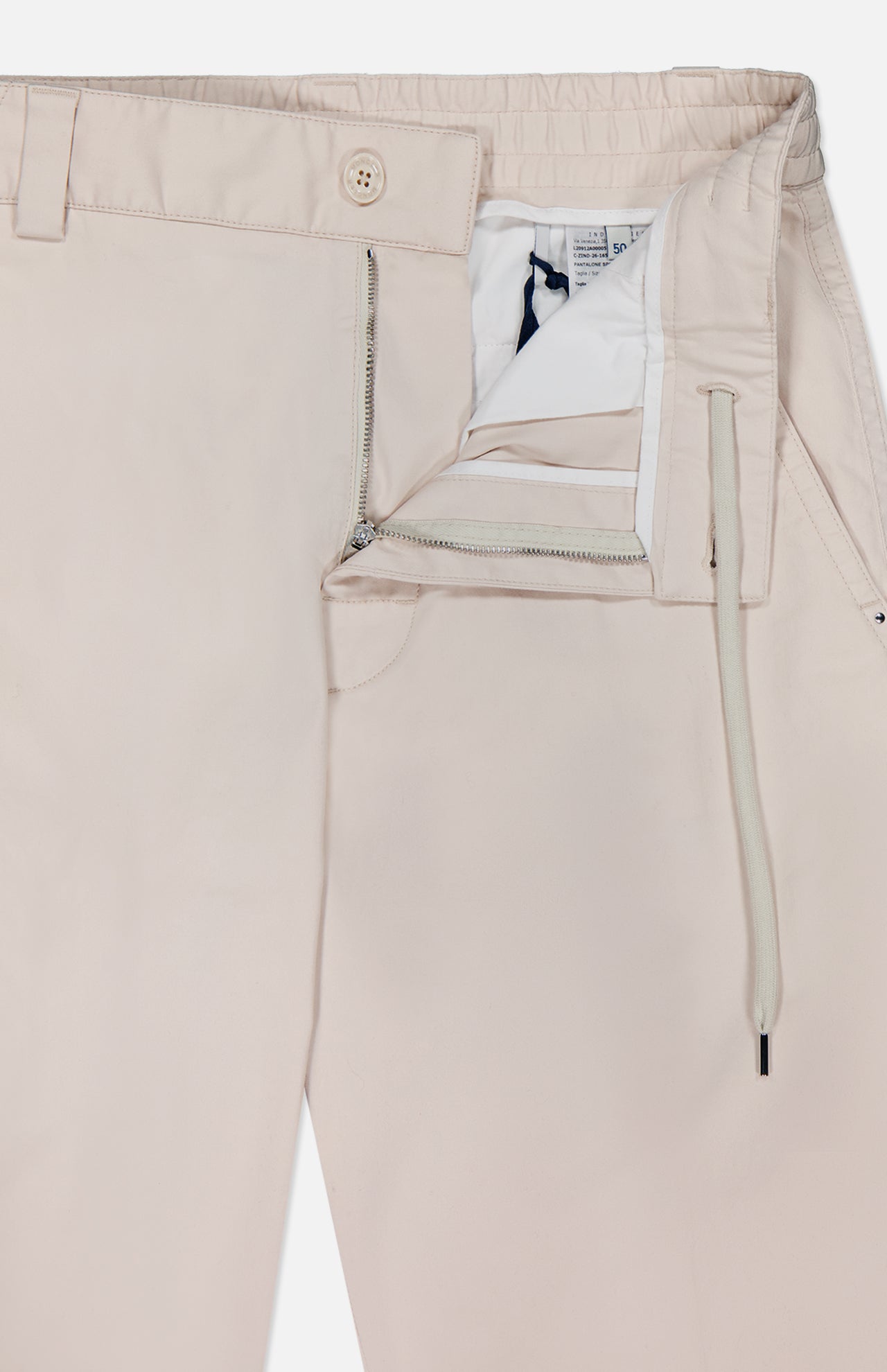 MONCLER Drawstring Stretch Cotton Trousers in beige feature an elastic waistband, belt loops, button closure, zip fly, and visible white drawstring with a partially unzipped front revealing the inner waistband and pocket lining.
