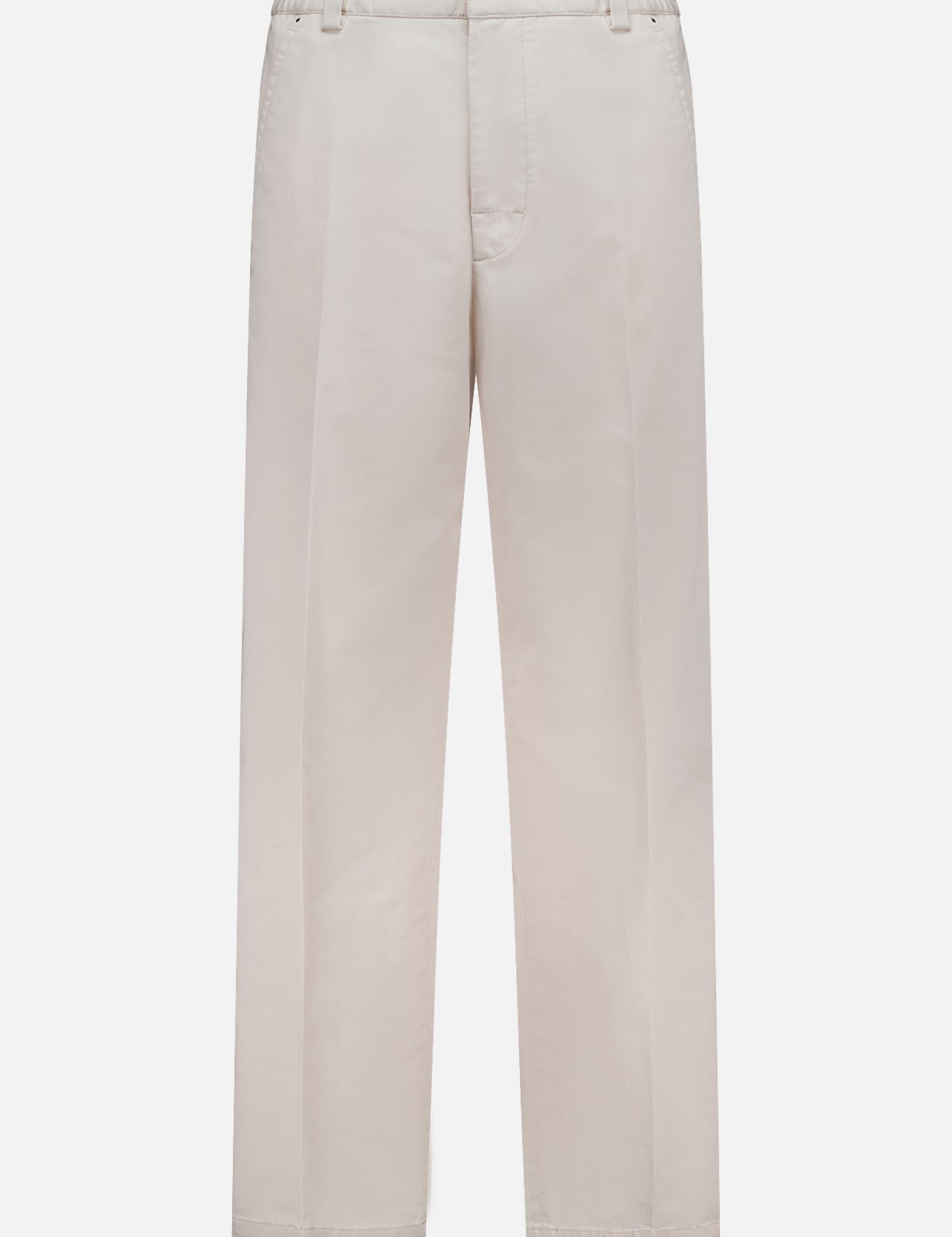 A pair of MONCLER Drawstring Stretch Cotton Trousers in light beige, featuring a straight-leg cut, belt loops, side pockets, and a flat front, shown against a white background.