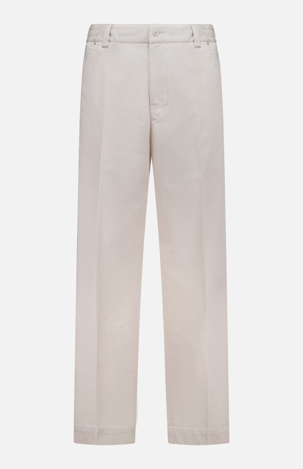A pair of MONCLER Drawstring Stretch Cotton Trousers in light beige, featuring a straight-leg cut, belt loops, side pockets, and a flat front, shown against a white background.