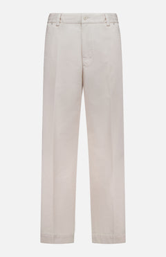 A pair of MONCLER Drawstring Stretch Cotton Trousers in light beige, featuring a straight-leg cut, belt loops, side pockets, and a flat front, shown against a white background.