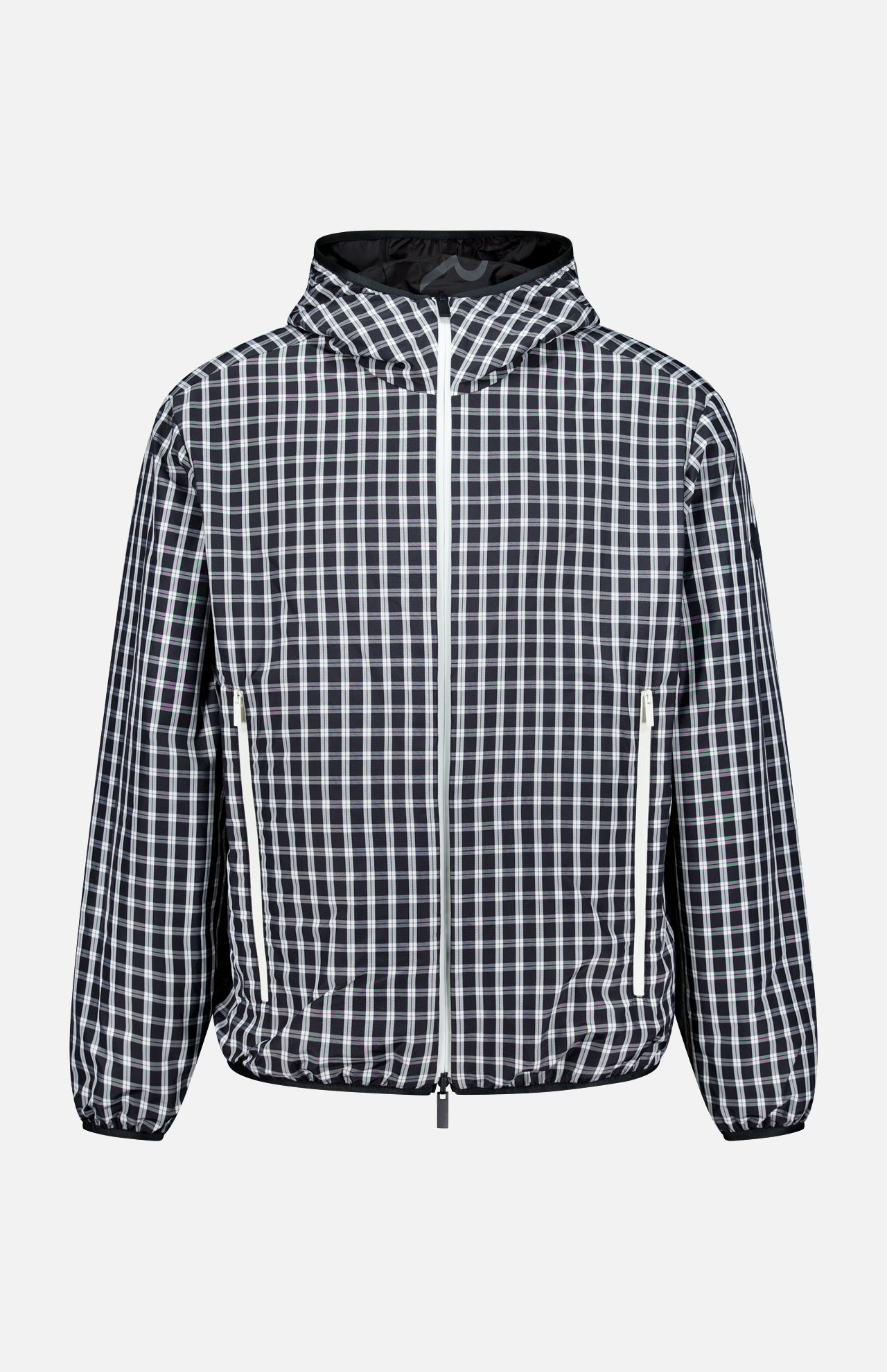 The MONCLER Vandelli Reversible Plaid Jacket is a black and white checkered hooded zip-front jacket featuring a front zipper, two side pockets, and elastic cuffs and hem for comfort. This lightweight outerwear option showcases a casual design with the versatility of reversibility.