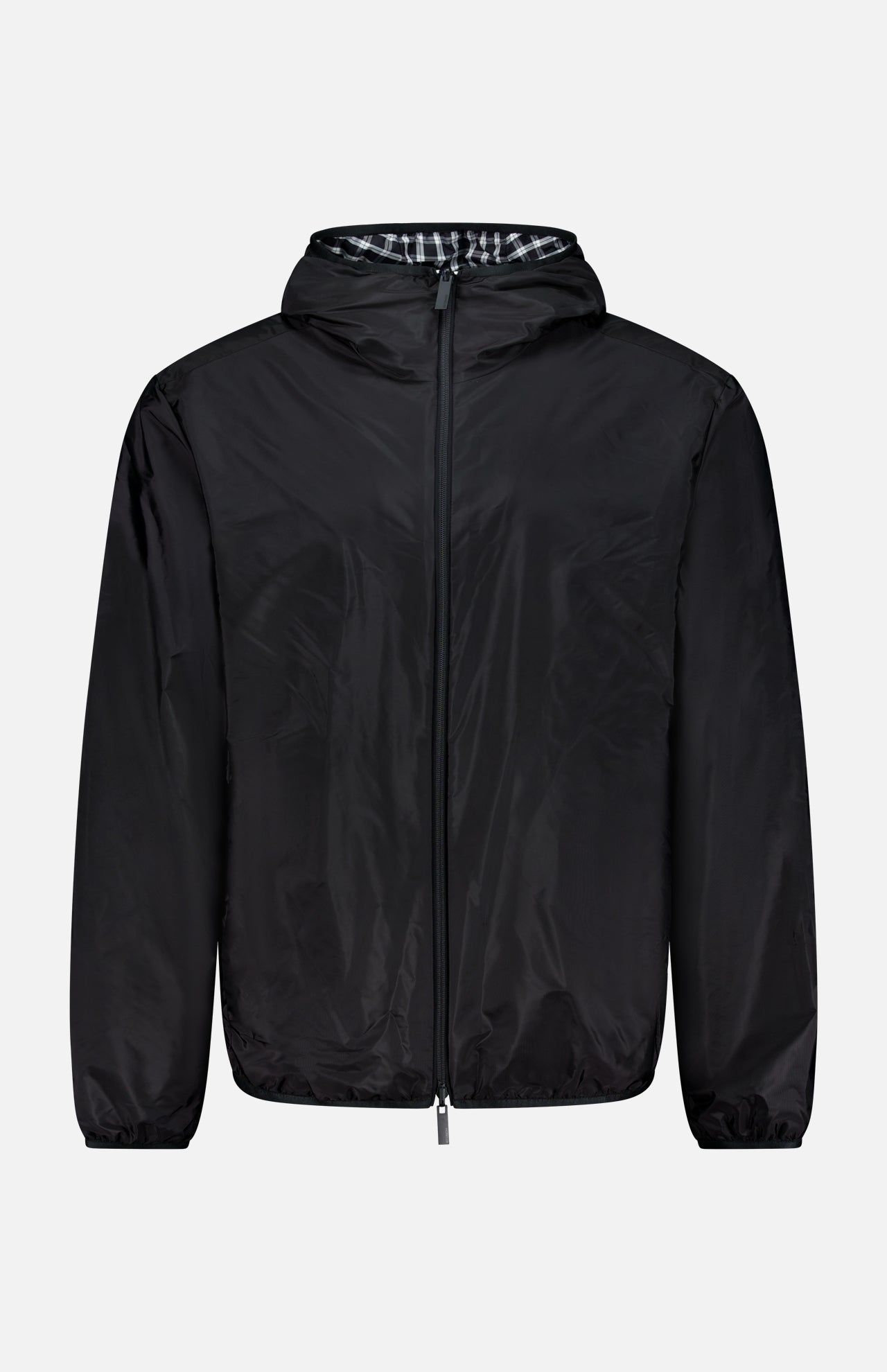 The MONCLER Vandelli Reversible Plaid Jacket is a lightweight black hooded zip-front piece featuring elastic cuffs and a subtle inner plaid lining, shown against a plain white background—making it the ideal versatile outerwear for any season.