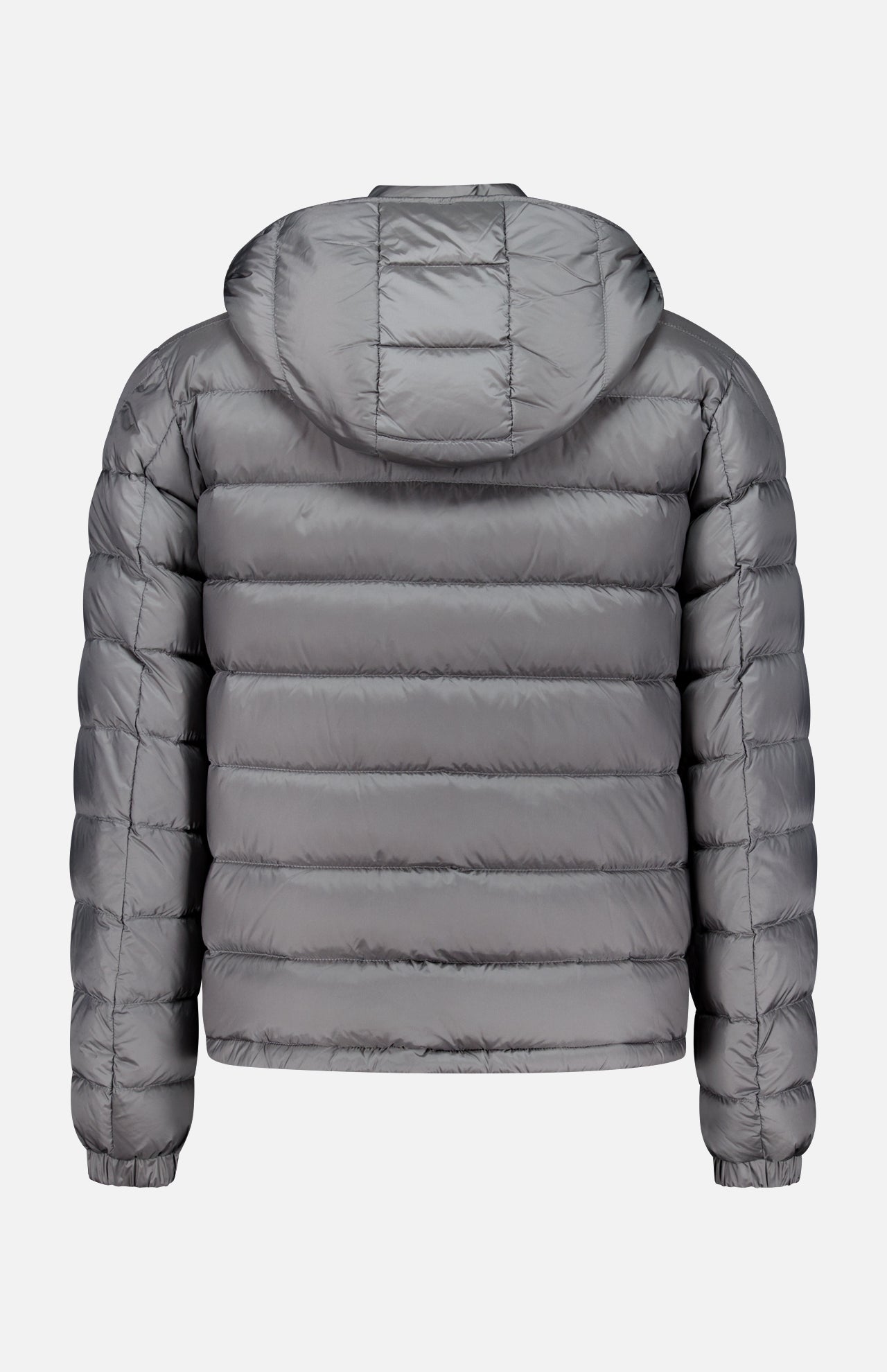 The Verith Puffer Jacket by MONCLER in gray is shown from the back, featuring a removable hood, horizontal quilting, and elastic cuffs for added comfort. This lightweight down jacket offers exceptional warmth.
