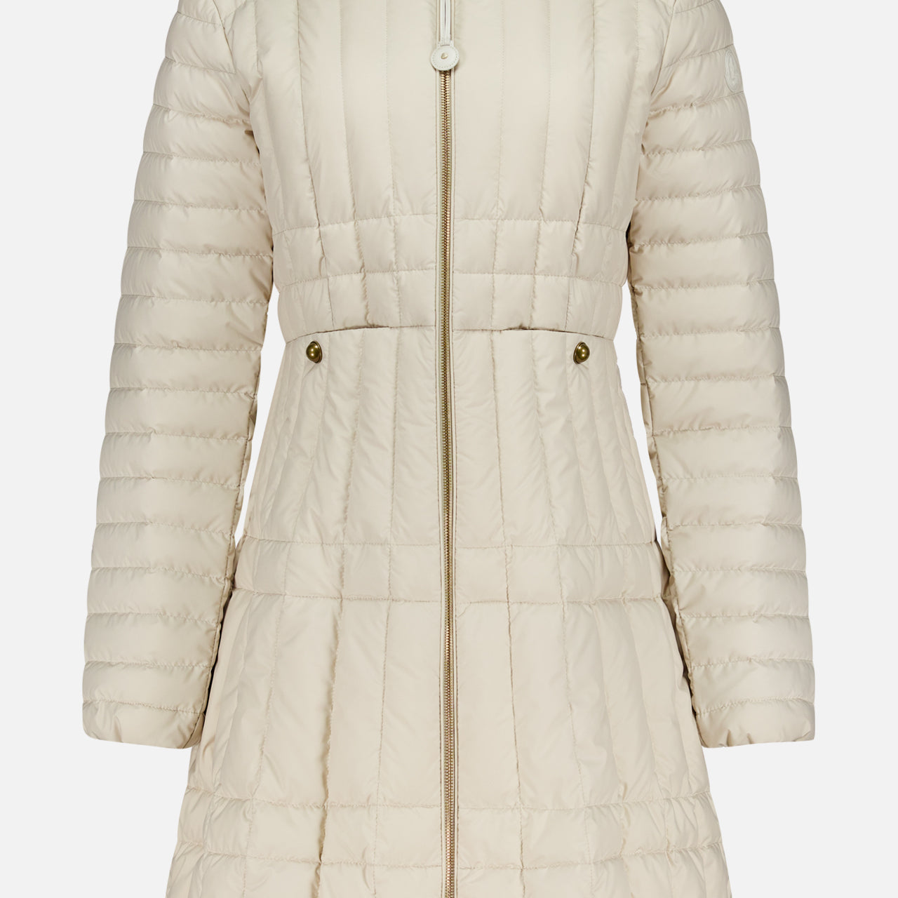 The MONCLER Menthelong Long Down Filled Coat in cream features a detachable hood, gold buttons, front zipper, fitted waist, and horizontal stitching for a sophisticated modern look.