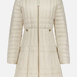 The MONCLER Menthelong Long Down Filled Coat in cream features a detachable hood, gold buttons, front zipper, fitted waist, and horizontal stitching for a sophisticated modern look.