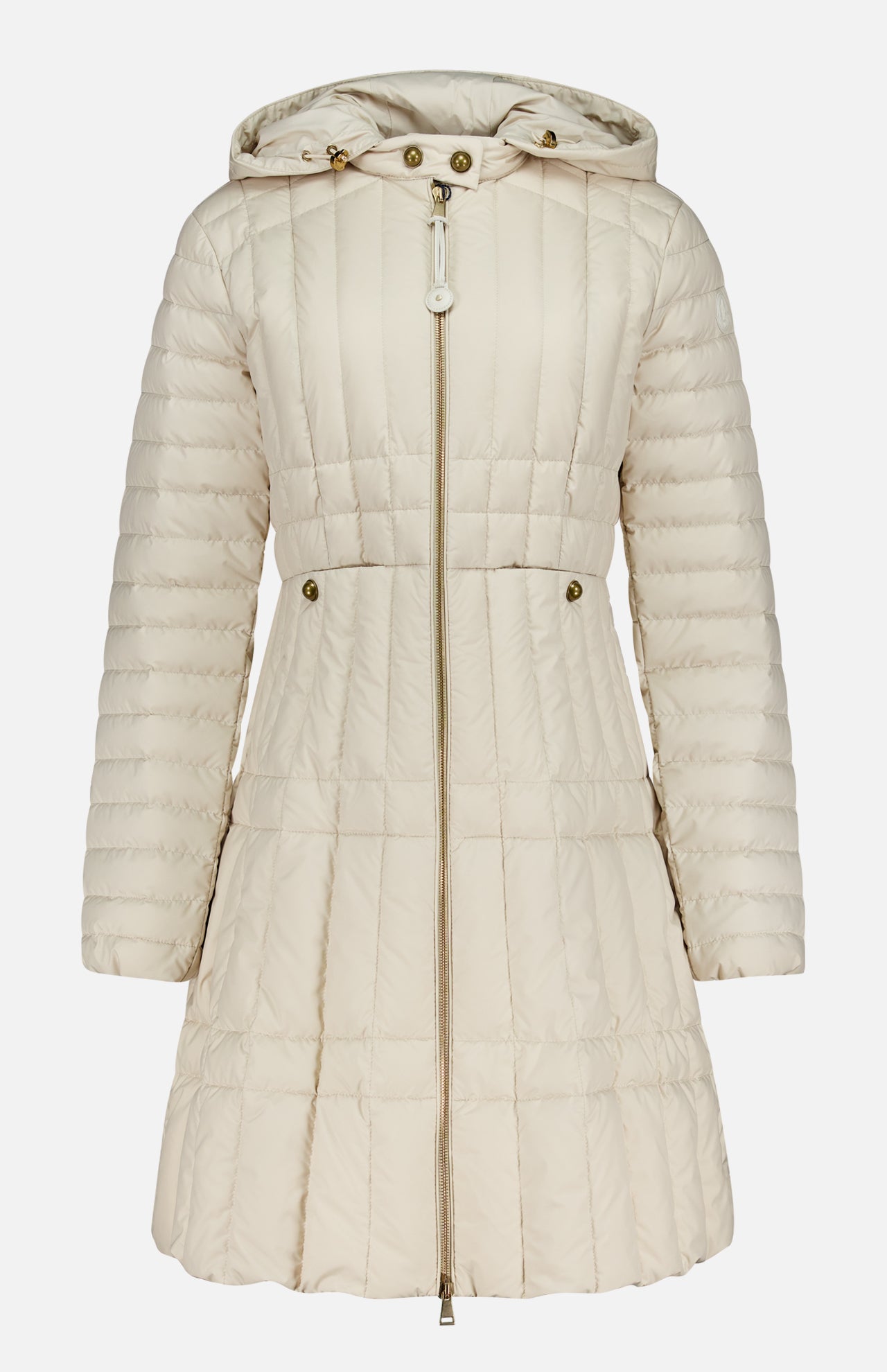 The MONCLER Menthelong Long Down Filled Coat in cream features a detachable hood, gold buttons, front zipper, fitted waist, and horizontal stitching for a sophisticated modern look.