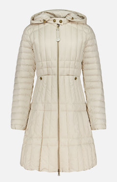 The MONCLER Menthelong Long Down Filled Coat in cream features a detachable hood, gold buttons, front zipper, fitted waist, and horizontal stitching for a sophisticated modern look.