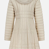 The MONCLER Menthelong Long Down Filled Coat in light beige features quilting, a fitted waist, detachable hood, and flared hem, displayed from the back against a plain white background.